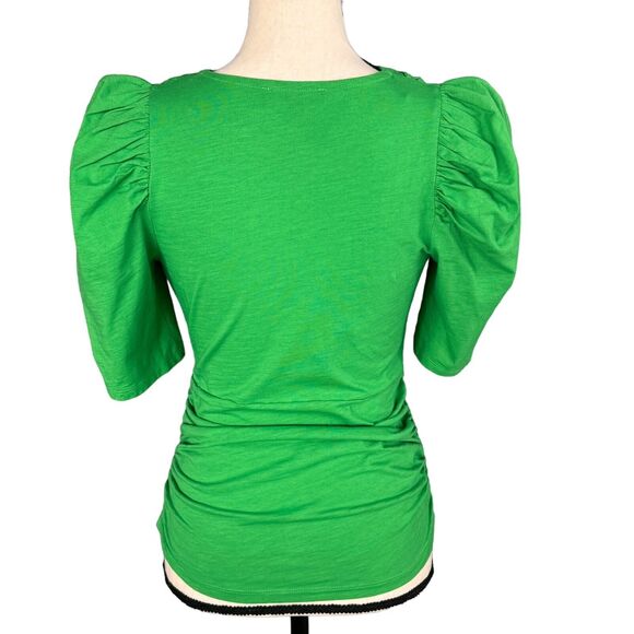 INC Small Top V-Neck Puff Sleeves Ruched Sides Stretch Pleated Side Zip Green - Picture 4 of 9